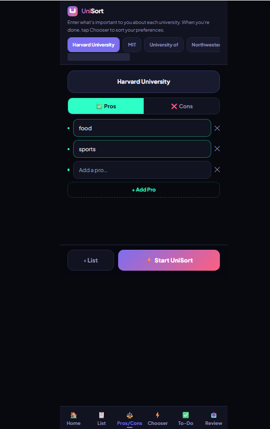 UniSort pros and cons screen