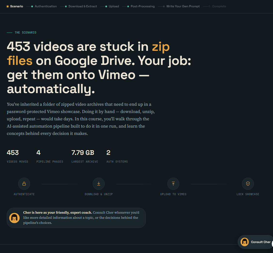AI agent transferring video files from Google Drive to Vimeo